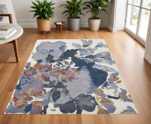HomeRoots 4' Hand-Tufted Wool Area Rug with Elegant Blue-Gray and Pink Floral Design for Timeless Style 4' X 6' 513401