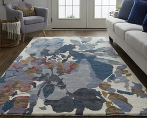 HomeRoots 4' Hand-Tufted Wool Area Rug with Elegant Blue-Gray and Pink Floral Design for Timeless Style 4' X 6' 513401