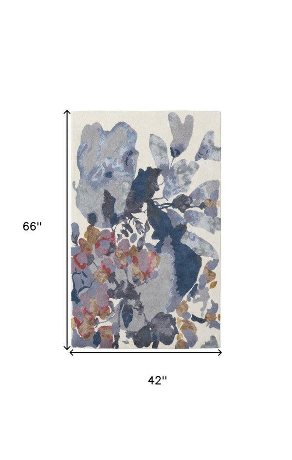 HomeRoots 4' Hand-Tufted Wool Area Rug with Elegant Blue-Gray and Pink Floral Design for Timeless Style 4' X 6' 513401