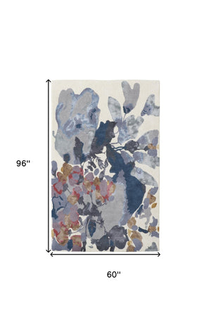HomeRoots 4' Hand-Tufted Wool Area Rug with Elegant Blue-Gray and Pink Floral Design for Timeless Style 5' X 8' 513402