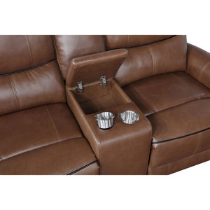 English Elm Denson Saddle Brown Power Reclining Loveseat with Console, Cup Holders & Easy-Care Leatherette Comfort B062P353262