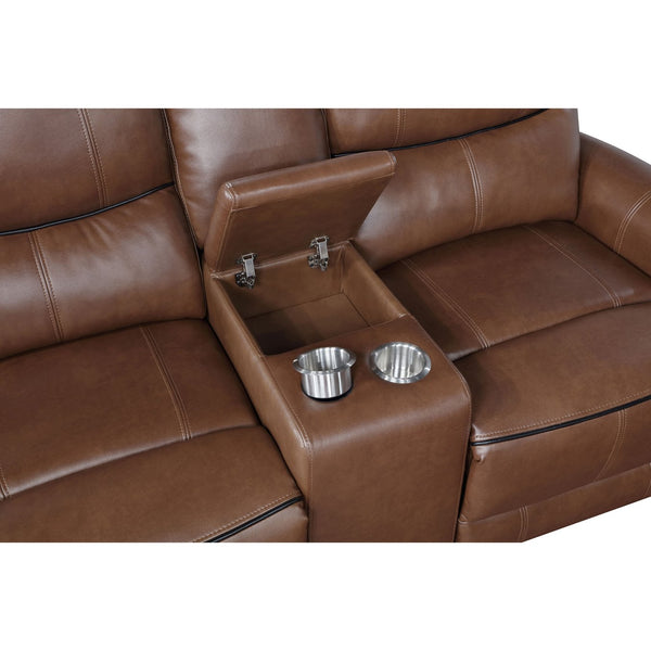 English Elm Denson Saddle Brown Power Reclining Loveseat with Console, Cup Holders & Easy-Care Leatherette Comfort B062P353262