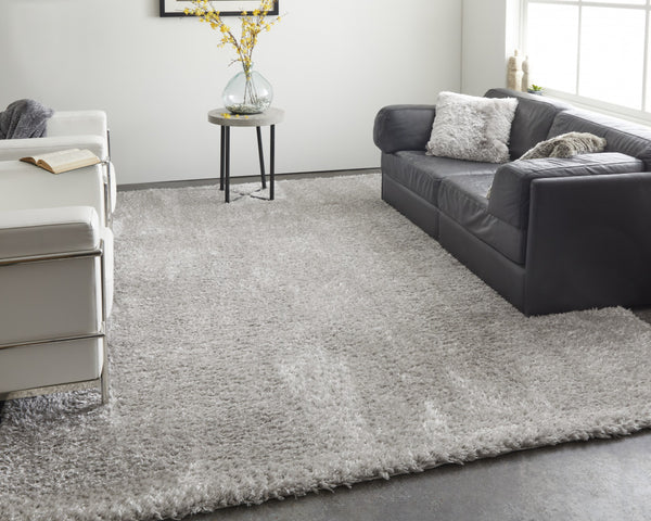 Homeroots 4' X 6' Silver And Gray Shag Power Loom Stain Resistant Area Rug Silver,Gray Polyester 513434