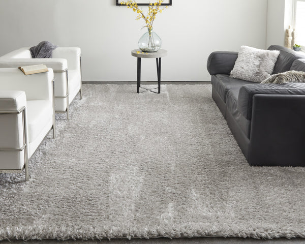 Homeroots 8' X 10' Silver And Gray Shag Power Loom Stain Resistant Area Rug Silver,Gray Polyester 513437