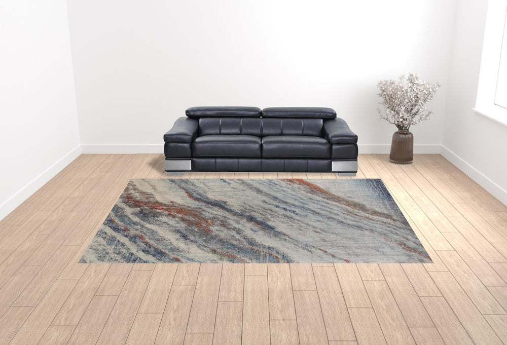 HomeRoots 10' Abstract Area Rug in Ivory, Orange & Blue - Stain Resistant, Modern Design for Stylish Spaces 10' X 14' 513465