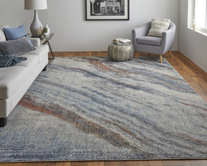 HomeRoots 10' Abstract Area Rug in Ivory, Orange & Blue - Stain Resistant, Modern Design for Stylish Spaces 10' X 14' 513465