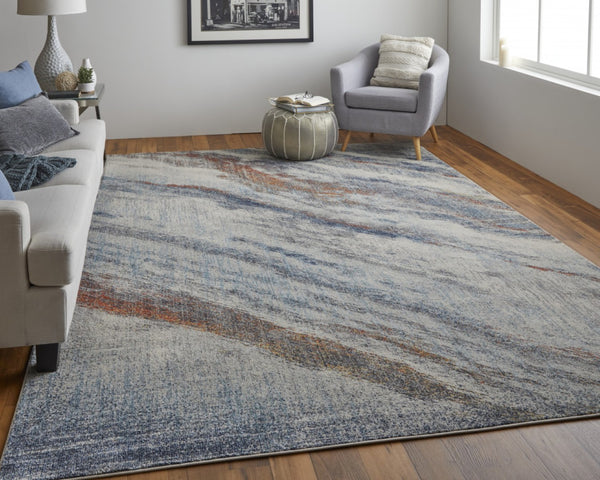 HomeRoots 10' Abstract Area Rug in Ivory, Orange & Blue - Stain Resistant, Modern Design for Stylish Spaces 10' X 14' 513465