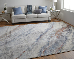 HomeRoots 10' Abstract Area Rug in Ivory, Orange & Blue - Stain Resistant, Modern Design for Stylish Spaces 10' X 14' 513465