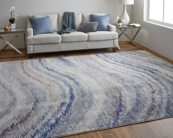 HomeRoots 7' Blue and Gray Abstract Area Rug - Durable, Stain-Resistant Power Loom Design with Non-Skid Backing 10' X 14' 513476