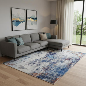 HomeRoots 7' Elegant Ivory and Blue Abstract Area Rug - Durable, Stain-Resistant Design for Modern Spaces 7' X 10' 513505