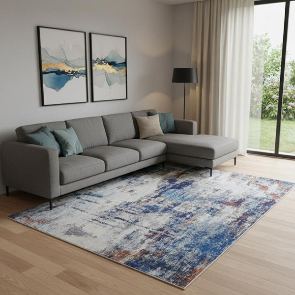 HomeRoots 7' Elegant Ivory and Blue Abstract Area Rug - Durable, Stain-Resistant Design for Modern Spaces 7' X 10' 513505