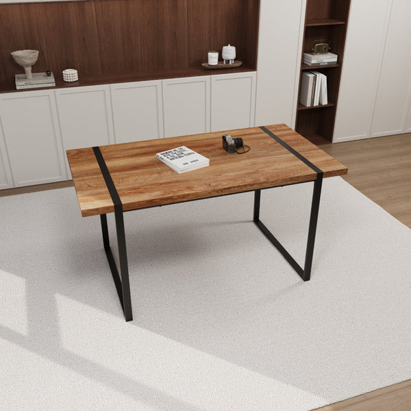 English Elm 59" Industrial Dining Set with Suede Chairs Matte Metal Base Mdf Table Seats Four Brown Grey W2189S00933