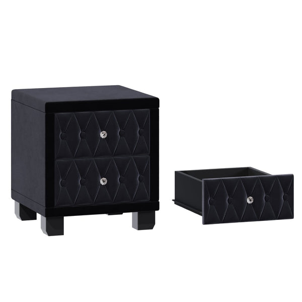 English Elm Elegant Velvet Upholstered Nightstand with Crystal Knobs Tufted Glam Bedside Storage Black N733P210398B