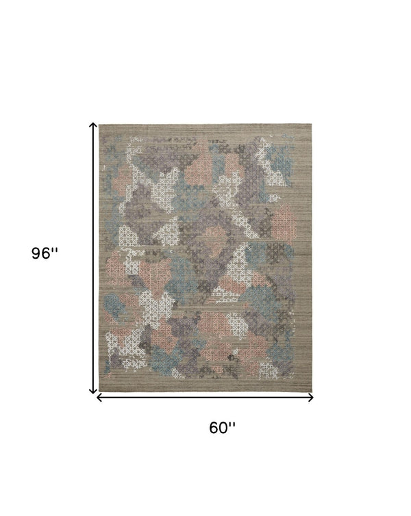 HomeRoots 4' Hand-Woven Pink and Blue Abstract Area Rug - Unique Distressed Design for Cozy Living Spaces 5' X 8' 513590