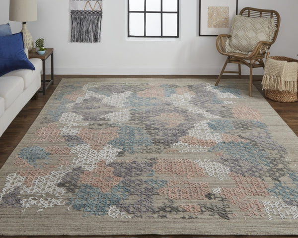 HomeRoots 4' Hand-Woven Pink and Blue Abstract Area Rug - Unique Distressed Design for Cozy Living Spaces 9' X 12' 513592