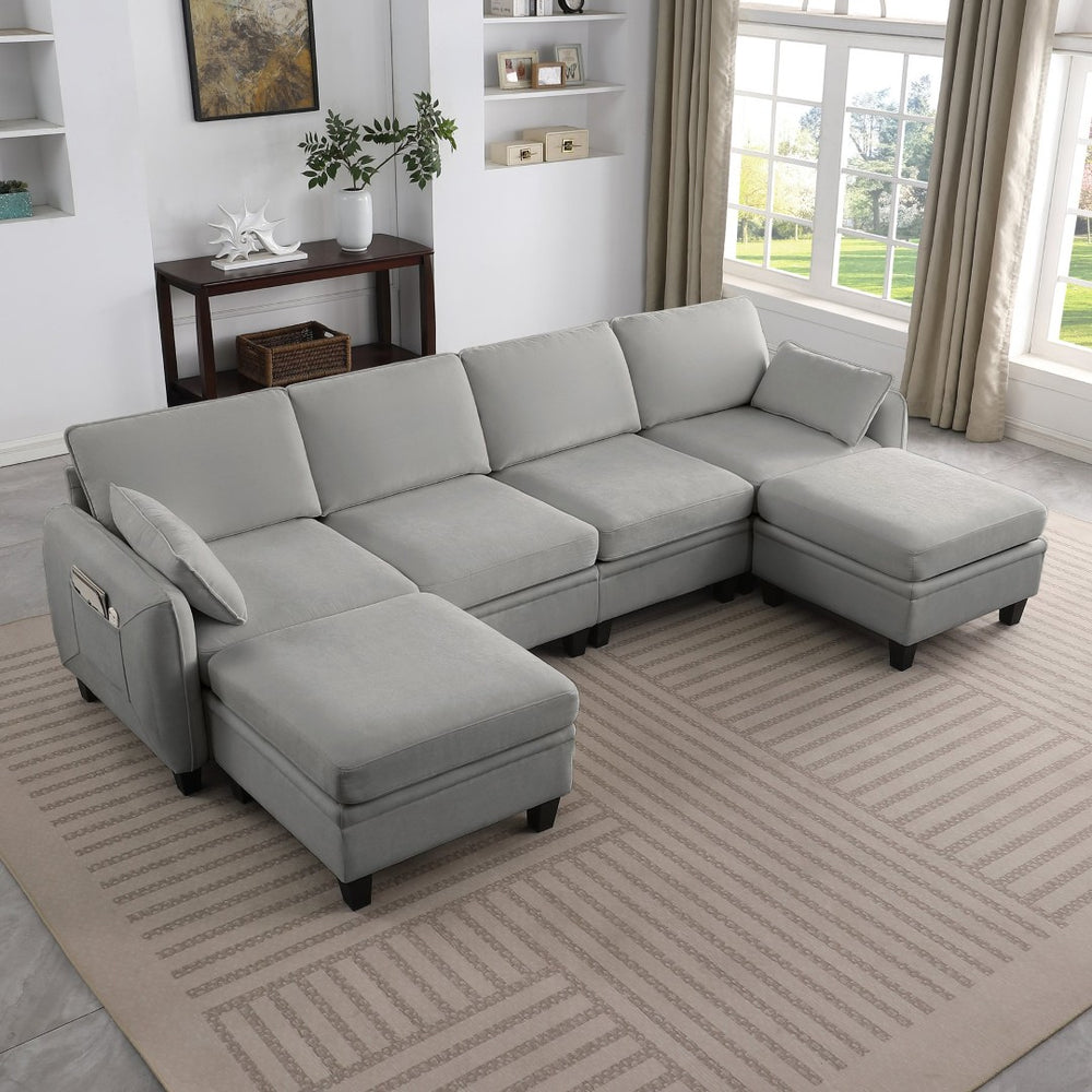English Elm 102 Inch Linen Modular Sectional Sofa with Hidden Storage and Cloud Cushion Comfort Gray W1099S00215