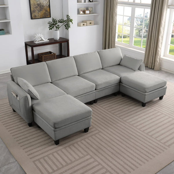 English Elm 102 Inch Linen Modular Sectional Sofa with Hidden Storage and Cloud Cushion Comfort Gray W1099S00215