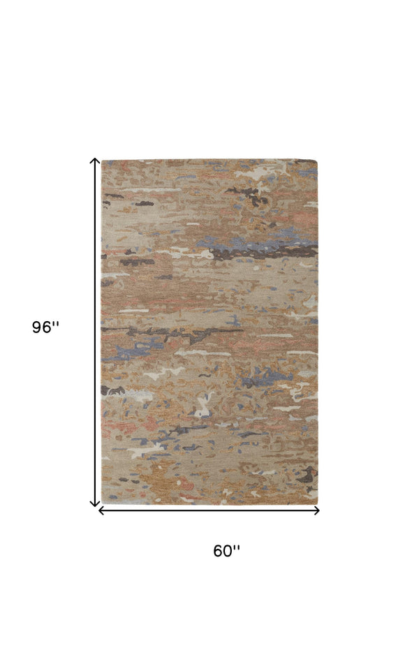 Homeroots 5' X 8' Tan And Blue Wool Abstract Hand Tufted Area Rug Tan,Blue Wool 513608