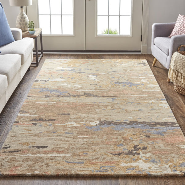 HomeRoots 4' Handmade Wool Area Rug with Tan and Blue Abstract Design - Stain Resistant for Modern Homes 8' X 10' 513609