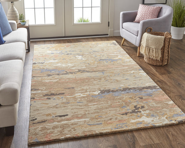 Homeroots 10' X 14' Tan And Blue Wool Abstract Tufted Handmade Stain Resistant Area Rug Tan,Blue Wool 513611