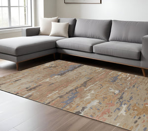 HomeRoots 4' Handmade Wool Area Rug with Tan and Blue Abstract Design - Stain Resistant for Modern Homes 10' X 14' 513611