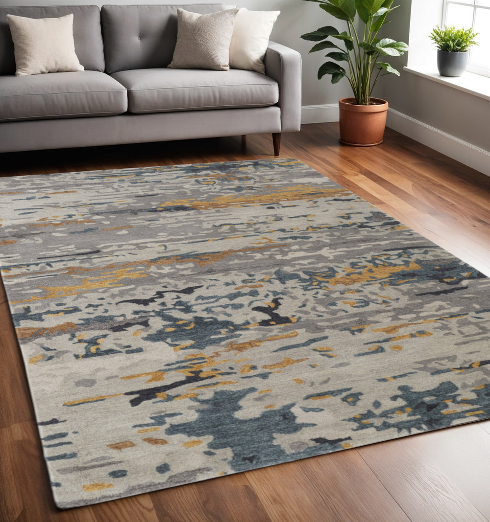 Homeroots 5' X 8' Blue And Gray Wool Abstract Hand Tufted Area Rug Gray,Yellow,Blue Wool 513615