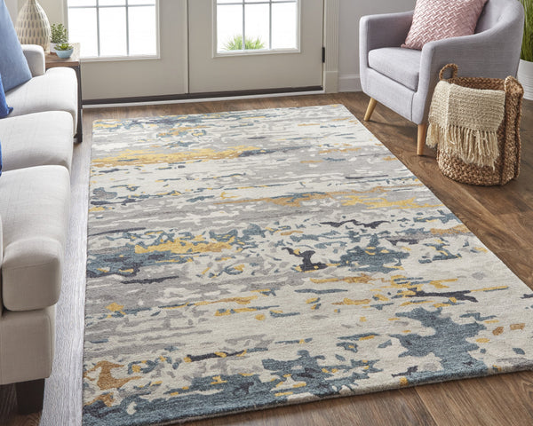 Homeroots 12' X 15' Gray Yellow And Blue Wool Abstract Tufted Handmade Area Rug Gray,Yellow,Blue Wool 513619