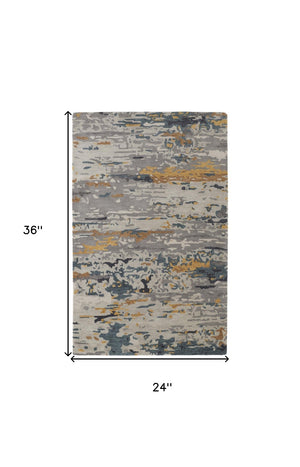 Homeroots 2' Tan And Blue Wool Abstract Tufted Handmade Area Rug - Stain Resistant, Perfect For Kids & Pets 2' X 3' Wool 513620