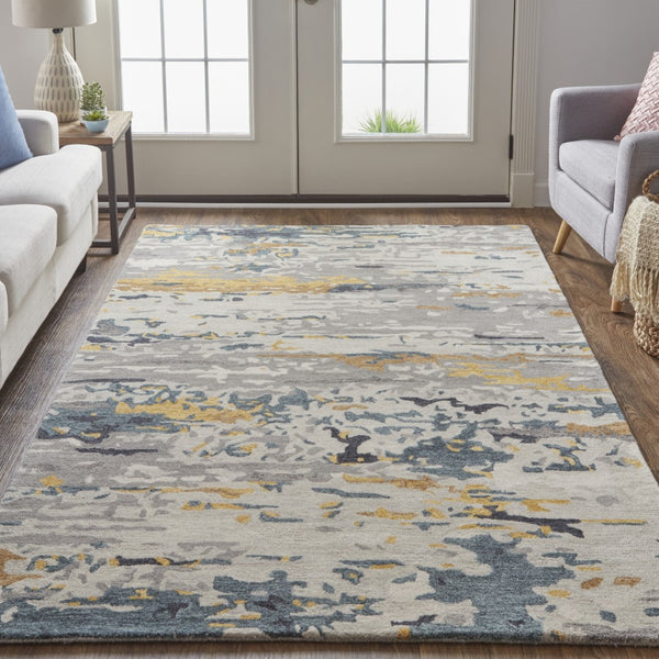 Homeroots 2' Tan And Blue Wool Abstract Tufted Handmade Area Rug - Stain Resistant, Perfect For Kids & Pets 2' X 3' Wool 513620