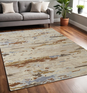Homeroots 5' X 8' Ivory And Blue Wool Abstract Hand Tufted Area Rug Ivory,Blue,Brown Wool 513622