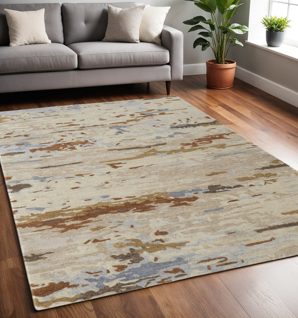 Homeroots 5' X 8' Ivory And Blue Wool Abstract Hand Tufted Area Rug Ivory,Blue,Brown Wool 513622