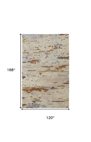 HomeRoots 4' Handmade Wool Area Rug with Tan and Blue Abstract Design - Stain Resistant for Modern Homes 10' X 14' 513625