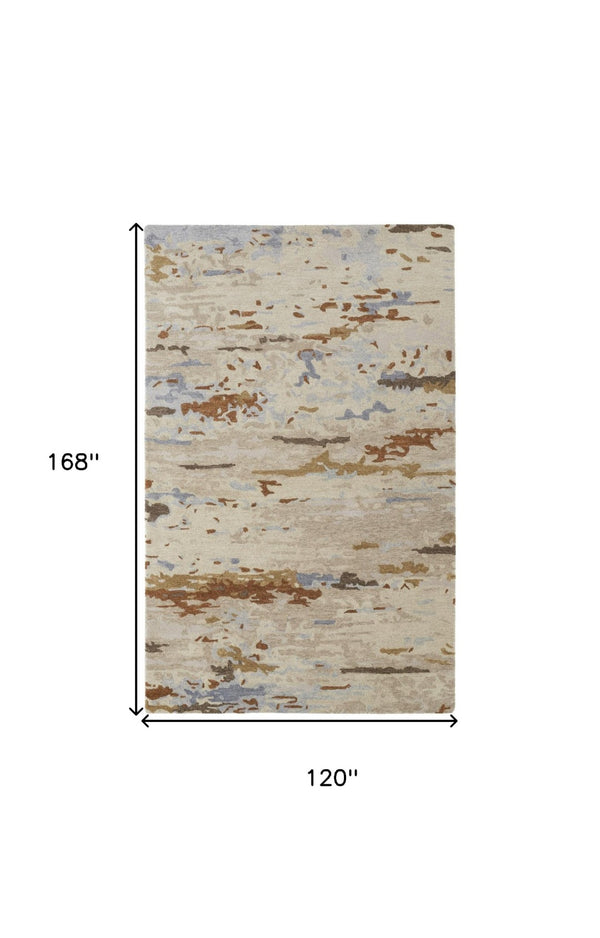 HomeRoots 4' Handmade Wool Area Rug with Tan and Blue Abstract Design - Stain Resistant for Modern Homes 10' X 14' 513625