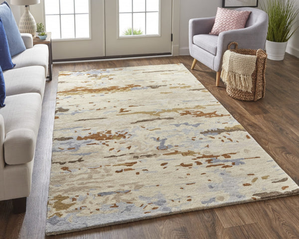 HomeRoots 4' Handmade Wool Area Rug with Tan and Blue Abstract Design - Stain Resistant for Modern Homes 10' X 14' 513625