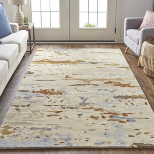 Homeroots 2' Tan And Blue Wool Abstract Tufted Handmade Area Rug - Stain Resistant, Perfect For Kids & Pets 2' X 3' Wool 513627