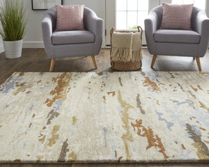 Homeroots 2' Tan And Blue Wool Abstract Tufted Handmade Area Rug - Stain Resistant, Perfect For Kids & Pets 2' X 3' Wool 513627
