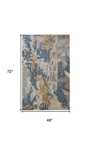 HomeRoots 4' Gray Blue and Gold Abstract Hand-Tufted Wool Area Rug for Cozy, Stylish Contemporary Spaces 4' X 6' 513628