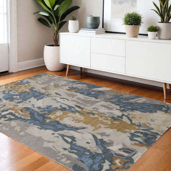 HomeRoots 4' Gray Blue and Gold Abstract Hand-Tufted Wool Area Rug for Cozy, Stylish Contemporary Spaces 4' X 6' 513628