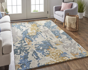 HomeRoots 4' Gray Blue and Gold Abstract Hand-Tufted Wool Area Rug for Cozy, Stylish Contemporary Spaces 5' X 8' 513629