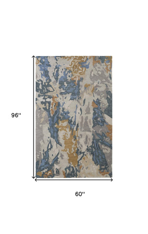 HomeRoots 4' Gray Blue and Gold Abstract Hand-Tufted Wool Area Rug for Cozy, Stylish Contemporary Spaces 5' X 8' 513629