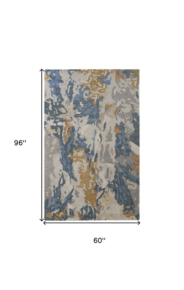 HomeRoots 4' Gray Blue and Gold Abstract Hand-Tufted Wool Area Rug for Cozy, Stylish Contemporary Spaces 5' X 8' 513629