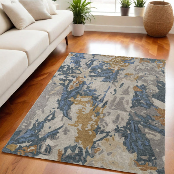 HomeRoots 4' Gray Blue and Gold Abstract Hand-Tufted Wool Area Rug for Cozy, Stylish Contemporary Spaces 5' X 8' 513629