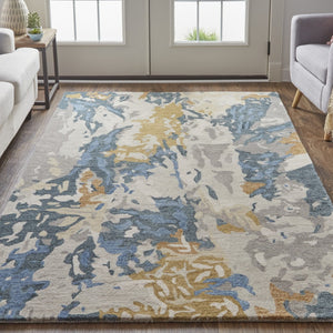 HomeRoots 4' Gray Blue and Gold Abstract Hand-Tufted Wool Area Rug for Cozy, Stylish Contemporary Spaces 8' X 10' 513630