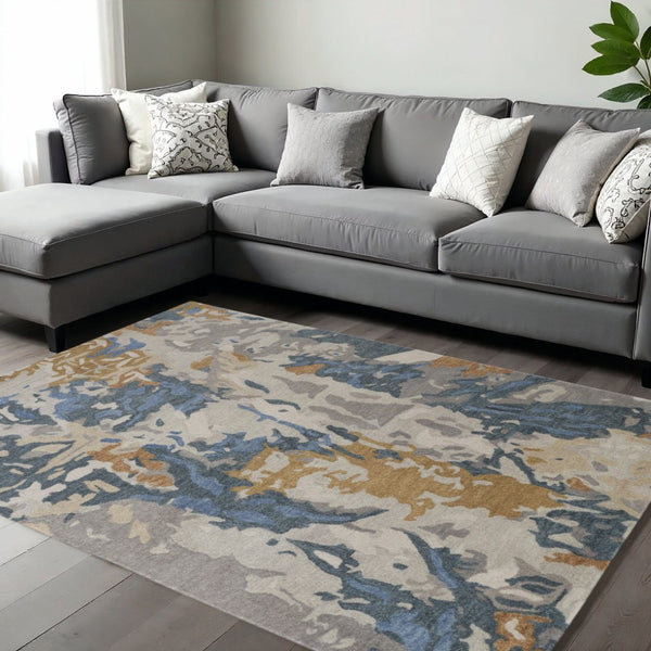 HomeRoots 4' Gray Blue and Gold Abstract Hand-Tufted Wool Area Rug for Cozy, Stylish Contemporary Spaces 9' X 12' 513631