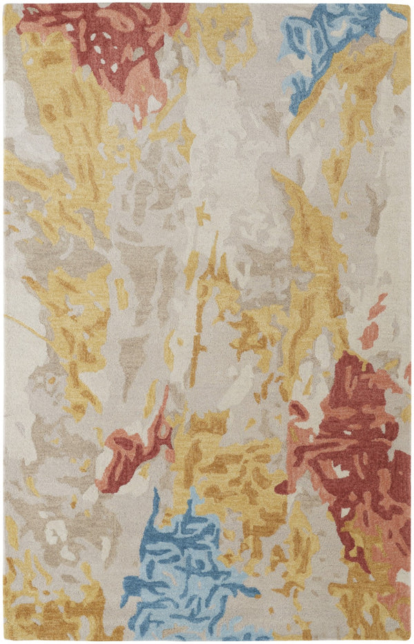 HomeRoots 4' Handmade Abstract Wool Area Rug in Ivory, Yellow & Blue - Stain-Resistant, Perfect for Any Room 5' X 8' 513636