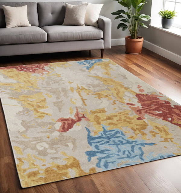 HomeRoots 4' Handmade Abstract Wool Area Rug in Ivory, Yellow & Blue - Stain-Resistant, Perfect for Any Room 5' X 8' 513636