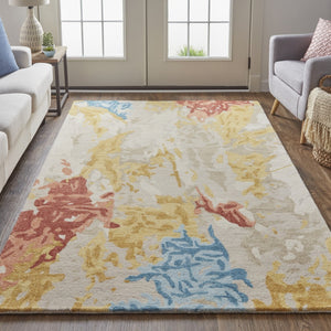 HomeRoots 4' Handmade Abstract Wool Area Rug in Ivory, Yellow & Blue - Stain-Resistant, Perfect for Any Room 5' X 8' 513636