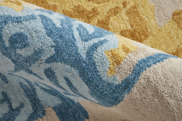 HomeRoots 4' Handmade Abstract Wool Area Rug in Ivory, Yellow & Blue - Stain-Resistant, Perfect for Any Room 5' X 8' 513636