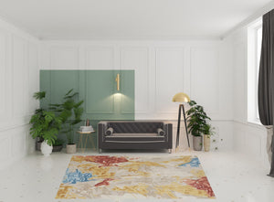 HomeRoots 4' Handmade Abstract Wool Area Rug in Ivory, Yellow & Blue - Stain-Resistant, Perfect for Any Room 8' X 10' 513637