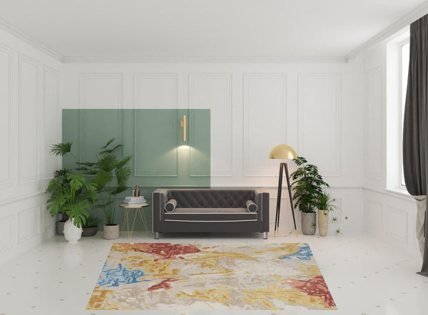 HomeRoots 4' Handmade Abstract Wool Area Rug in Ivory, Yellow & Blue - Stain-Resistant, Perfect for Any Room 8' X 10' 513637